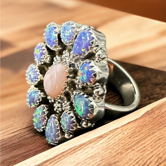 Native Aurora & Pink Opals Solid Sterling Ring - Picture 7 of 11